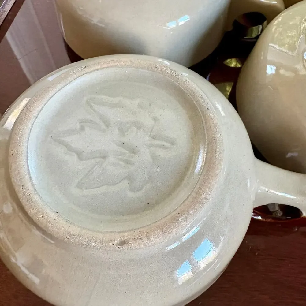 Vintage Western Stoneware Maple Leaf Brown Band Soup Mugs, Set of 4